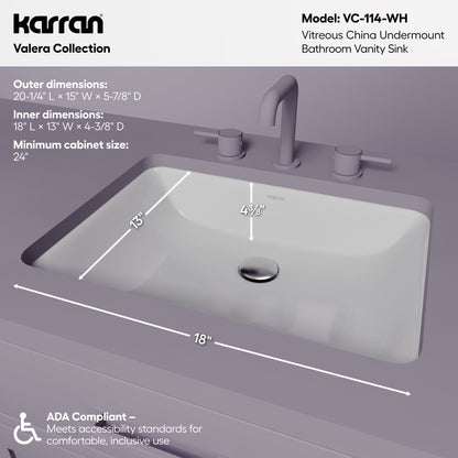 Valera 20" Rectangular Undermount Vitreous China Bathroom Sink In White