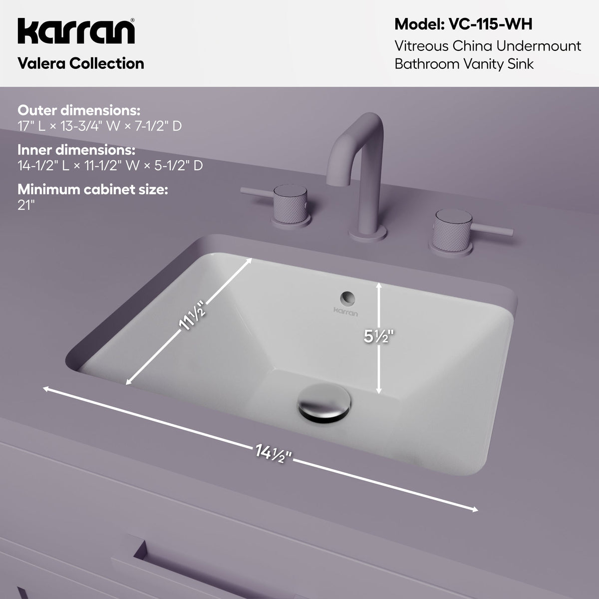 Valera 17" Rectangular Undermount Vitreous China Bathroom Sink In White
