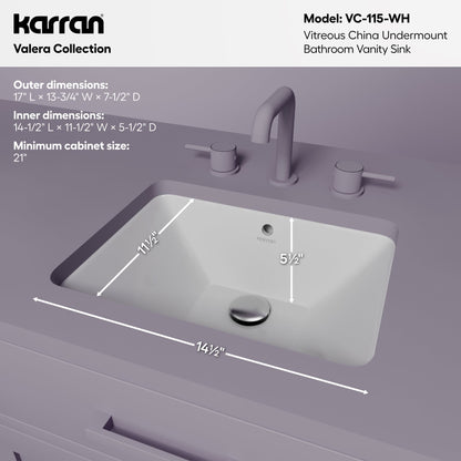 Valera 17" Rectangular Undermount Vitreous China Bathroom Sink In White