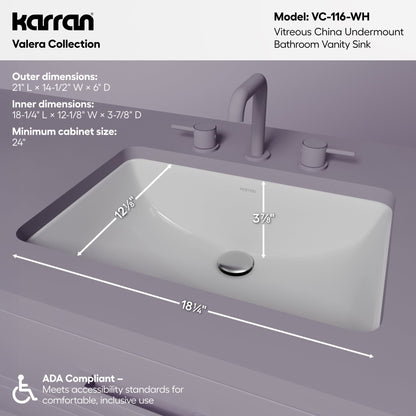 Valera 21" Rectangular Undermount Vitreous China Bathroom Sink In White