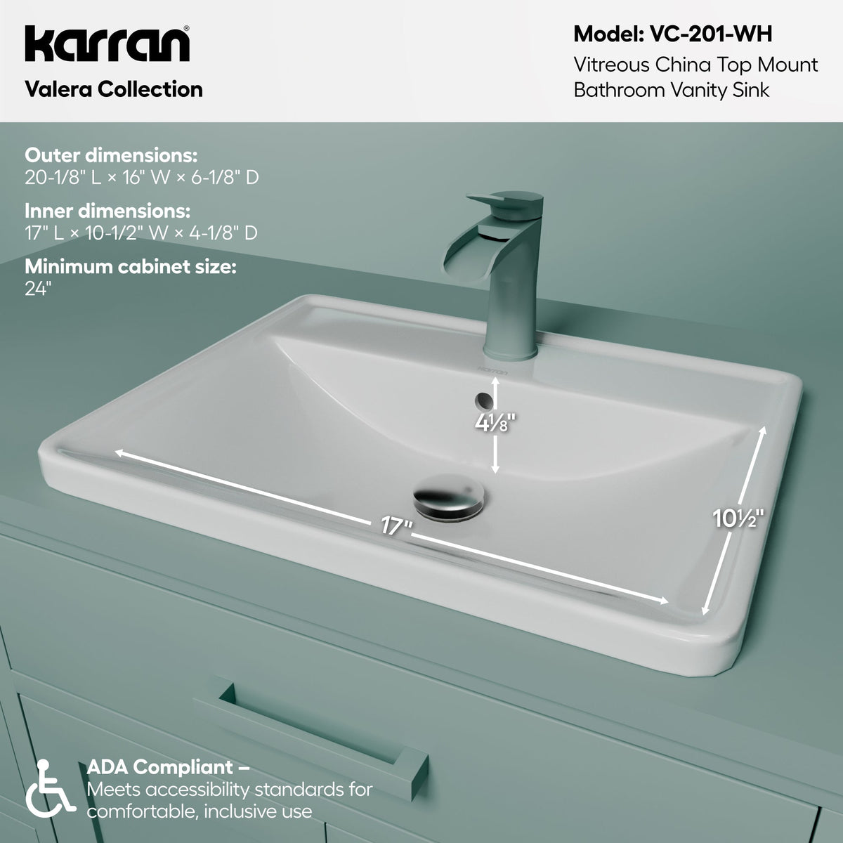 20-1/2" Top Mount Vitreous China Bathroom Sink In White