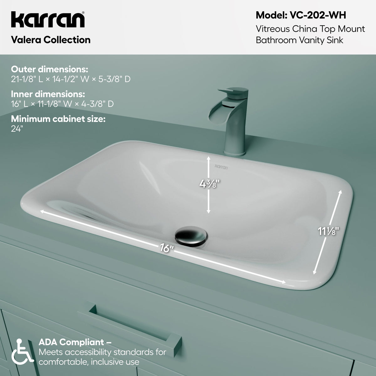 21" Top Mount Vitreous China Bathroom Sink In White