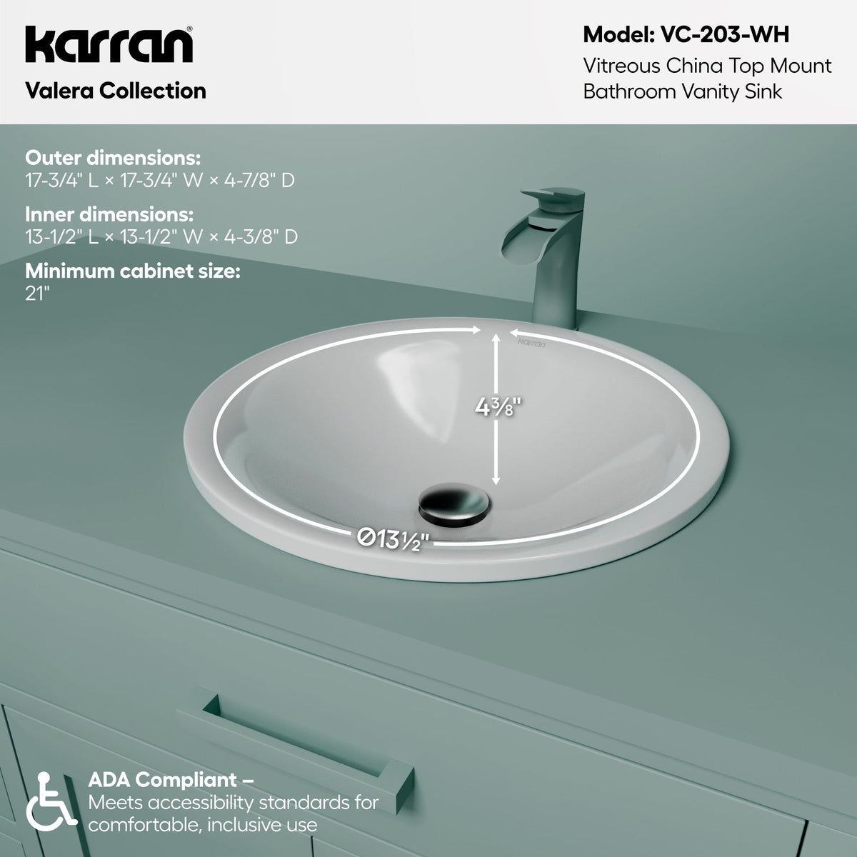 17-3/4" Top Mount Vitreous China Bathroom Sink In White