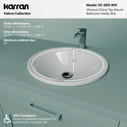 17-3/4" Top Mount Vitreous China Bathroom Sink In White