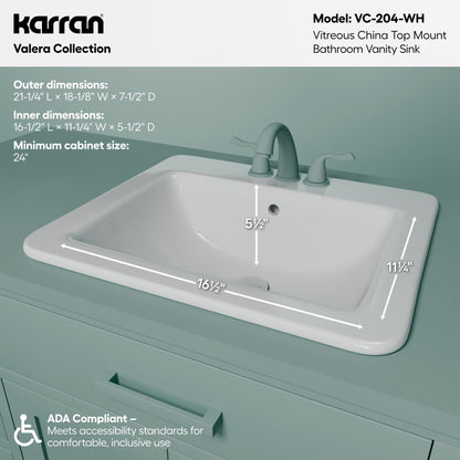 Valera 21" Rectangular Top Mount Vitreous China Bathroom Sink In White