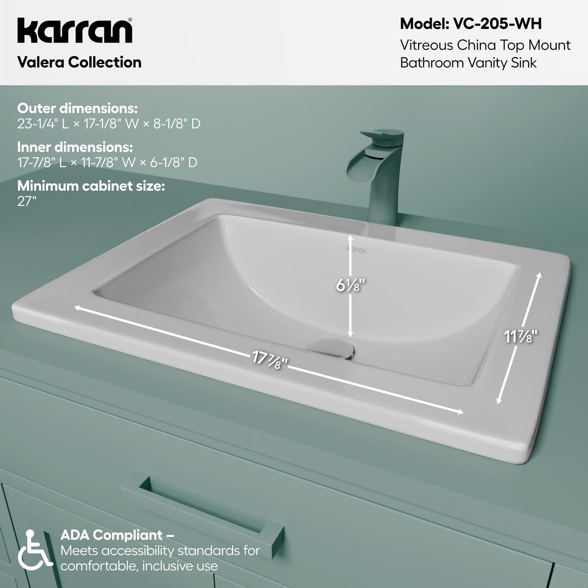 Valera 23" Rectangular Top Mount Vitreous China Bathroom Sink In White