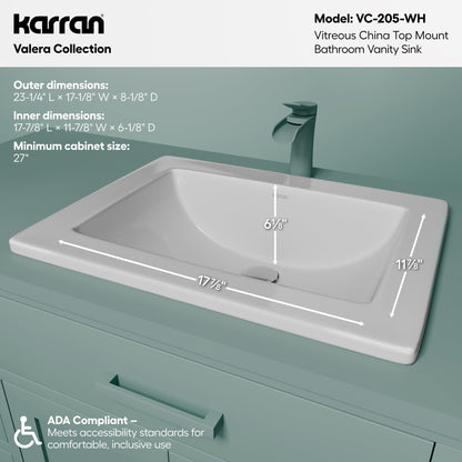 Valera 23" Rectangular Top Mount Vitreous China Bathroom Sink In White