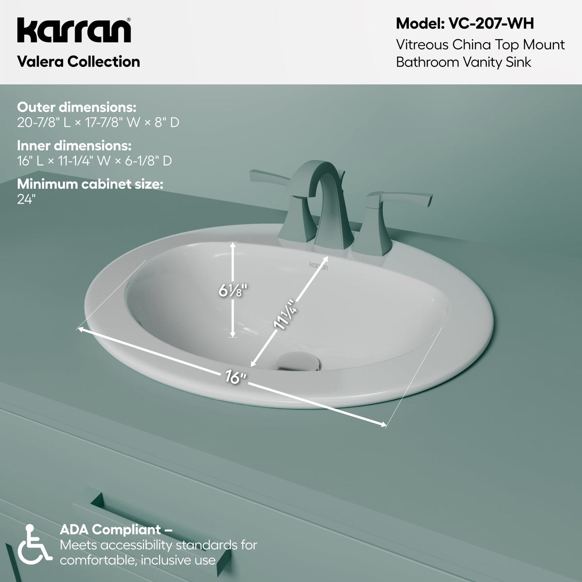 Valera 21" Oval Top Mount Vitreous China Bathroom Sink In White