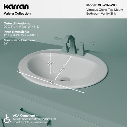 Valera 21" Oval Top Mount Vitreous China Bathroom Sink In White