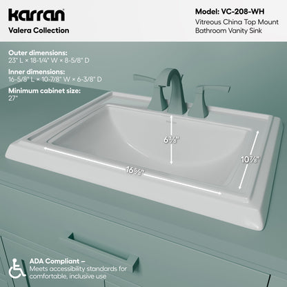 Valera 23" Rectangular Top Mount Vitreous China Bathroom Sink In White
