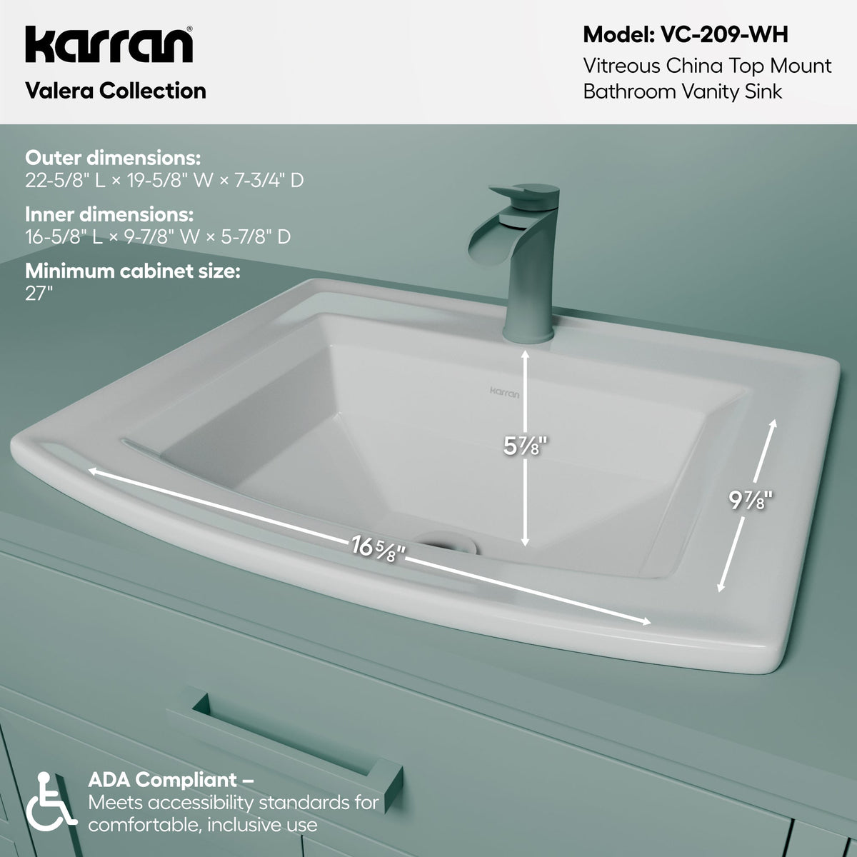 Valera 23" Curved Rectangular Top Mount Vitreous China Bathroom Sink In White