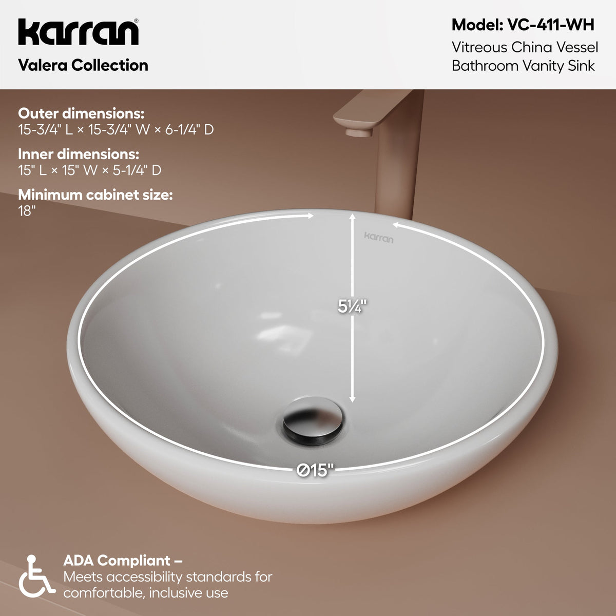 15" Vessel Vitreous China Bathroom Sink In White