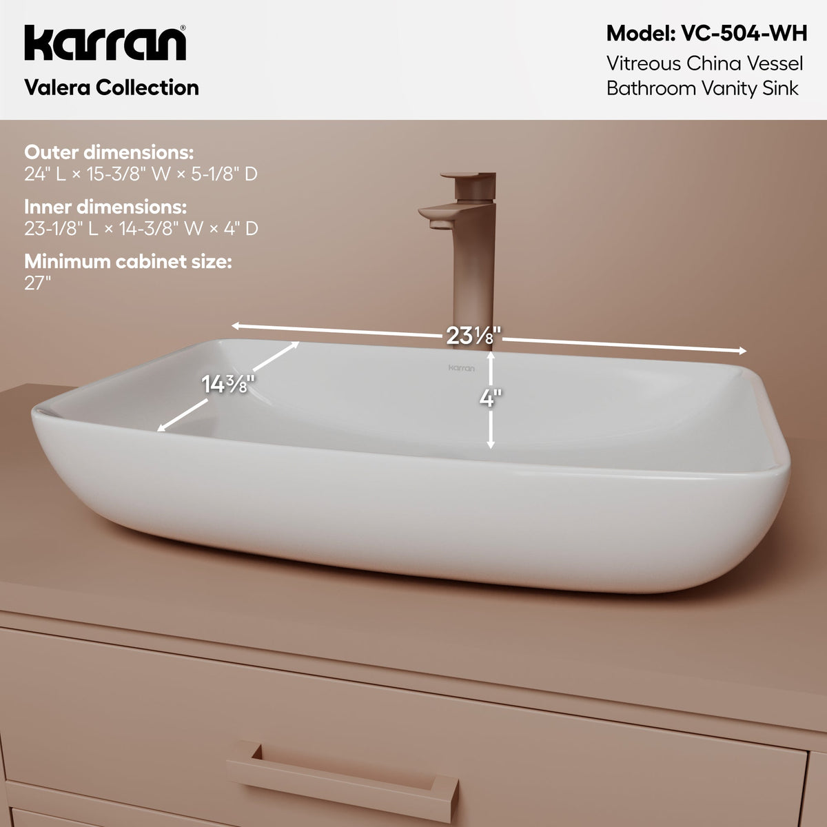 24" Vessel Vitreous China Bathroom Sink In White