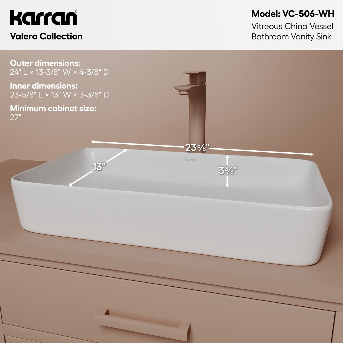 24" Vessel Vitreous China Bathroom Sink In White