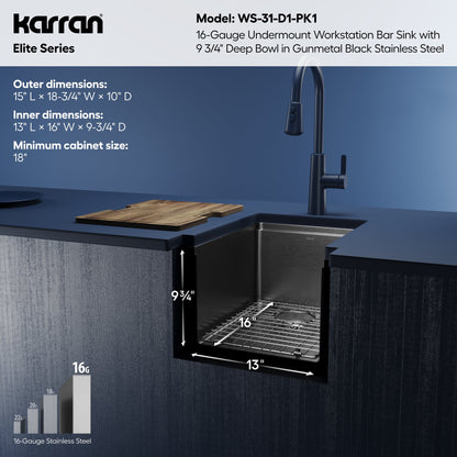 Elite 15" Undermount Workstation 16 Gauge Single Bowl Stainless Steel Kitchen Sink In Gunmetal Black