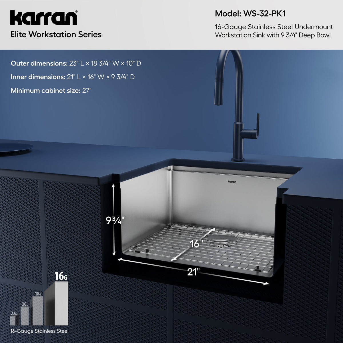 23" Undermount Single Bowl Stainless Steel Workstation Kitchen Sink