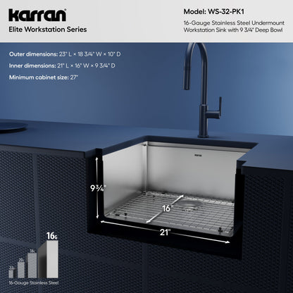 23" Undermount Single Bowl Stainless Steel Workstation Kitchen Sink