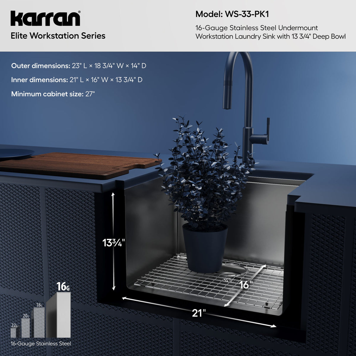 23" Undermount Single Bowl Stainless Steel Workstation Laundry Sink