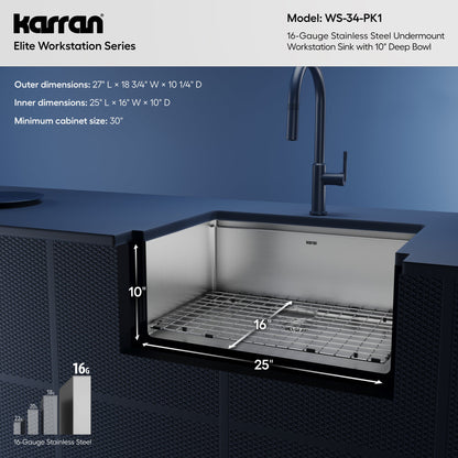 27" Undermount Single Bowl Stainless Steel Workstation Kitchen Sink