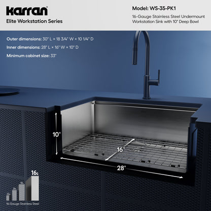 30" Undermount Large Single Bowl Stainless Steel Workstation Kitchen Sink