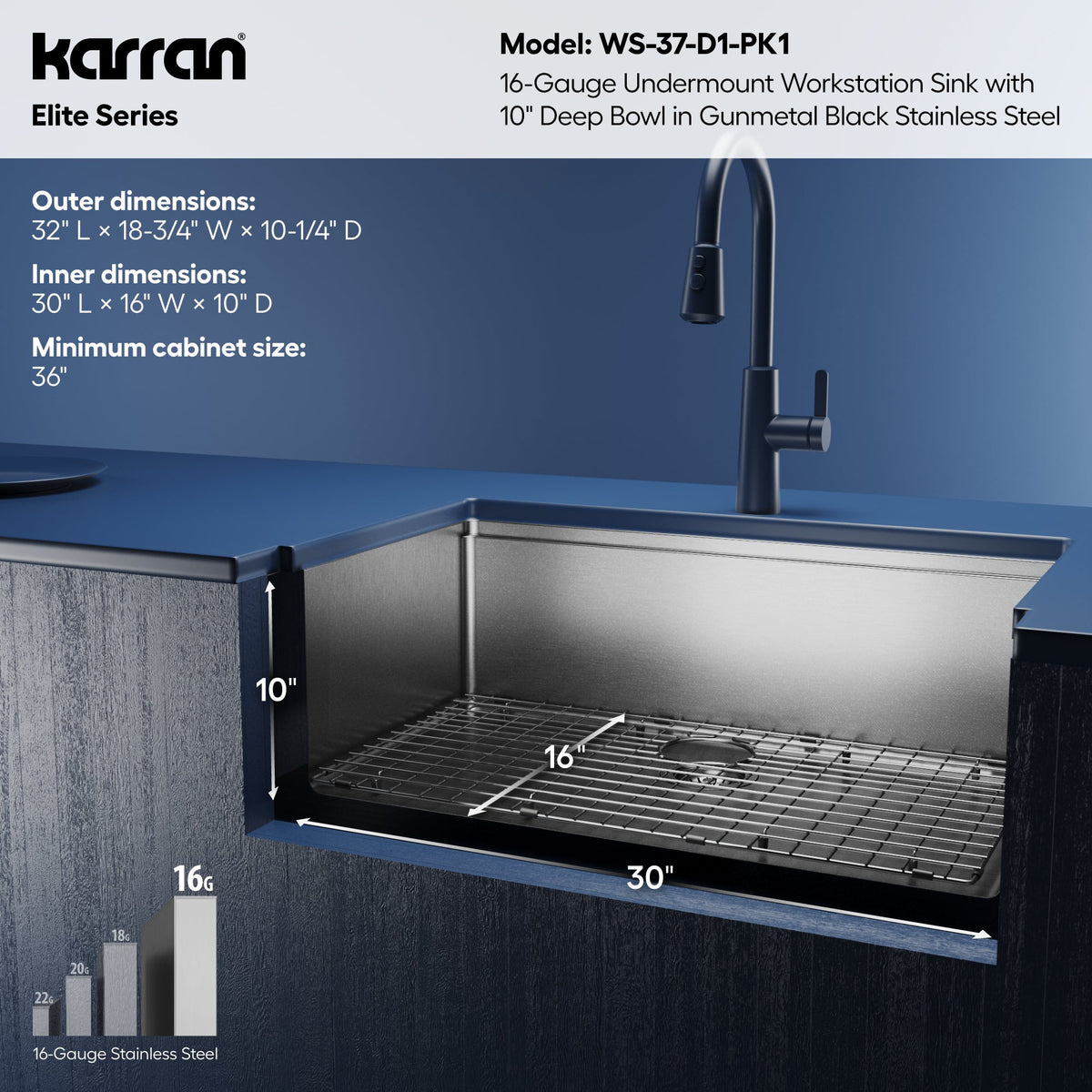 Elite 32" Undermount Workstation 16 Gauge Single Bowl Stainless Steel Kitchen Sink In Gunmetal Black