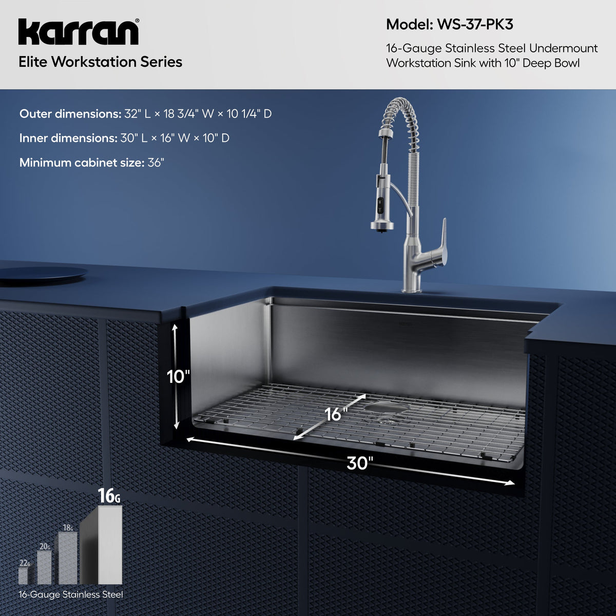 Elite 32" Undermount Workstation 16 Gauge Single Bowl Stainless Steel Kitchen Sink with Scottsdale Pull-Down Faucet