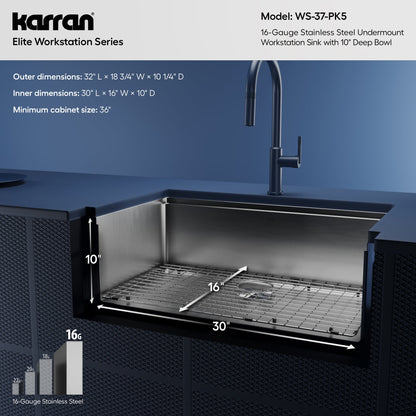 Elite 32" Undermount Workstation 16 Gauge Single Bowl Stainless Steel Kitchen Sink