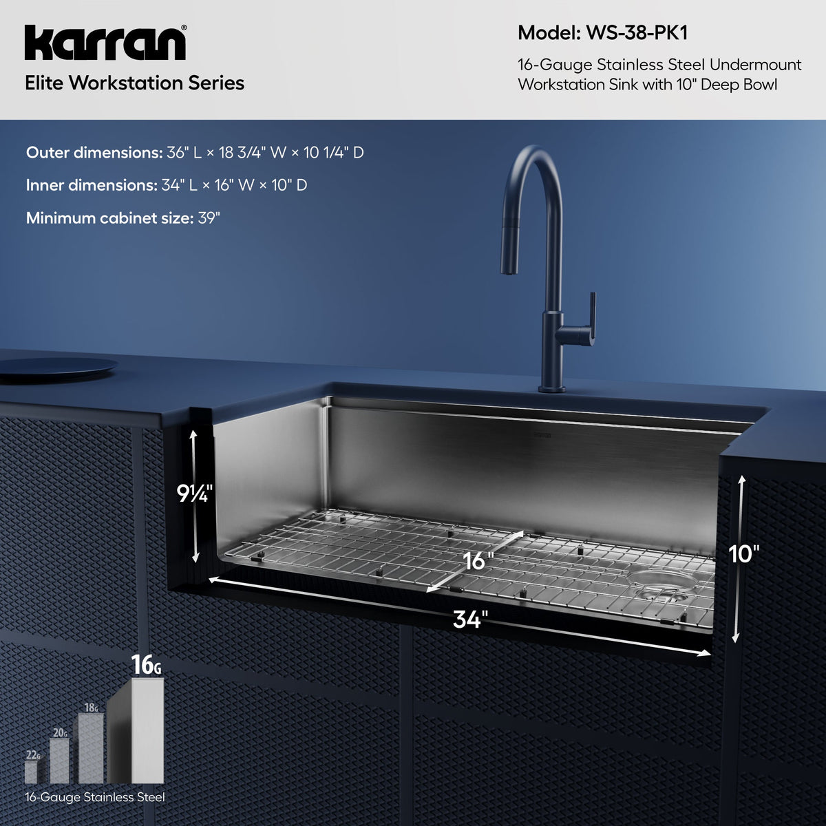 36" Undermount Large Single Bowl Stainless Steel Workstation Kitchen Sink