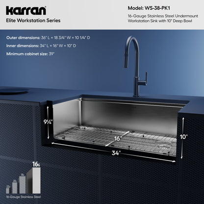 36" Undermount Large Single Bowl Stainless Steel Workstation Kitchen Sink