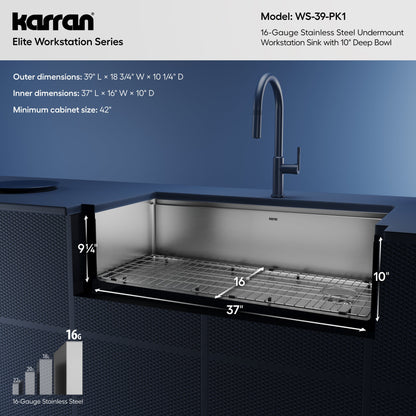 39" Undermount Extra Large Single Bowl Stainless Steel Workstation Kitchen Sink