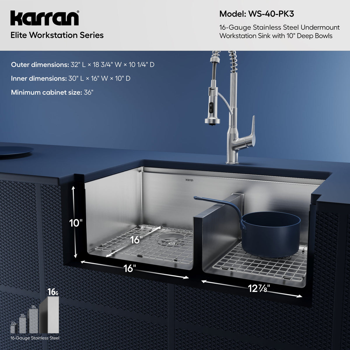 Elite 32" Undermount Workstation 16 Gauge Double Bowl Stainless Steel Kitchen Sink with Scottsdale Pull-Down Faucet