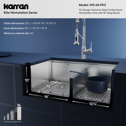 Elite 32" Undermount Workstation 16 Gauge Double Bowl Stainless Steel Kitchen Sink with Scottsdale Pull-Down Faucet