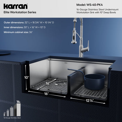 Elite 32" Undermount Workstation 16 Gauge Double Bowl Stainless Steel Kitchen Sink with Scottsdale Pull-Down Faucet