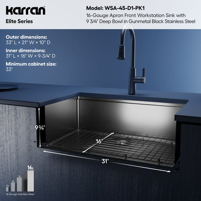 Elite 33" Apron Front Workstation 16 Gauge Single Bowl Stainless Steel Kitchen Sink In Gunmetal Black