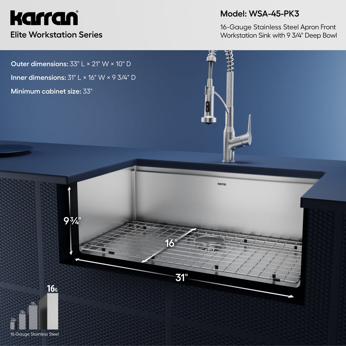 Elite 32" Apron Front Workstation 16 Gauge Single Bowl Stainless Steel Kitchen Sink with Scottsdale Pull-Down Faucet