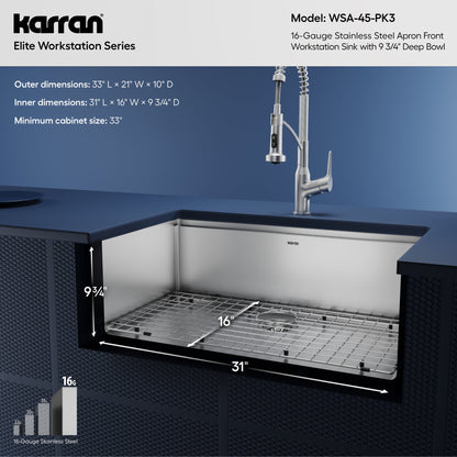 Elite 32" Apron Front Workstation 16 Gauge Single Bowl Stainless Steel Kitchen Sink with Scottsdale Pull-Down Faucet