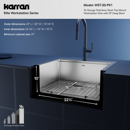 25" Top Mount Single Bowl Stainless Steel Workstation Kitchen Sink