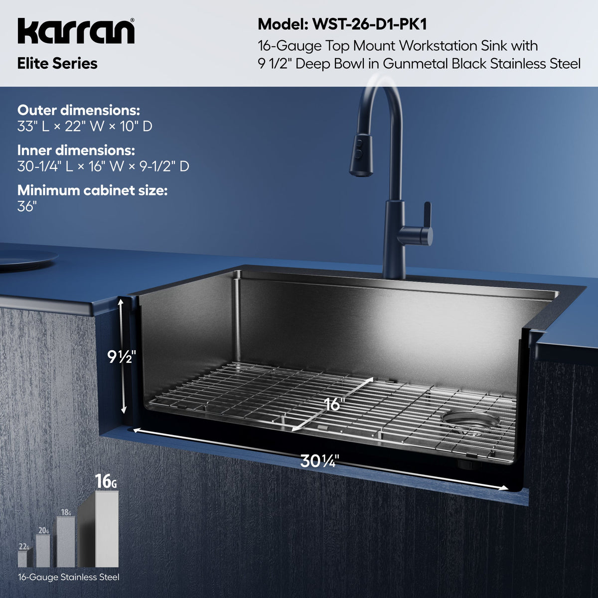 Elite 33" Top Mount Workstation 16 Gauge Stainless Steel Single Bowl Kitchen Sink In Gunmetal Black