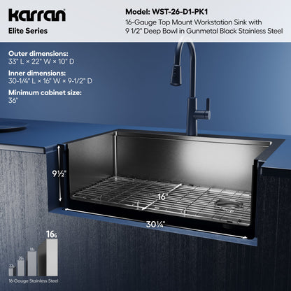 Elite 33" Top Mount Workstation 16 Gauge Stainless Steel Single Bowl Kitchen Sink In Gunmetal Black