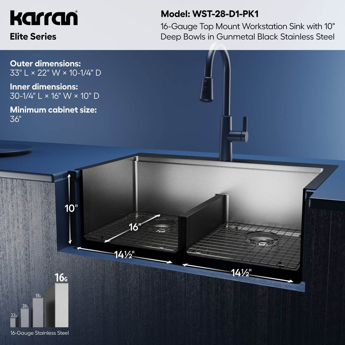 Elite 33" Top Mount Workstation 16 Gauge Stainless Steel Double Bowl Kitchen Sink In Gunmetal Black