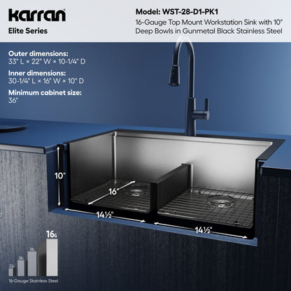Elite 33" Top Mount Workstation 16 Gauge Stainless Steel Double Bowl Kitchen Sink In Gunmetal Black