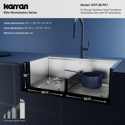 33" Top Mount Double Equal Bowl Stainless Steel Workstation Kitchen Sink