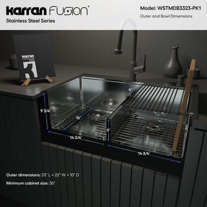 Fusion 33" Top Mount Workstation 16 Gauge Double Bowl Stainless Steel Sink with Accessories