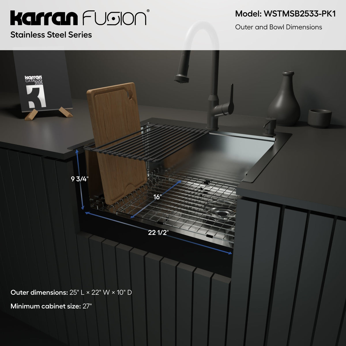 Fusion 25" Top Mount Workstation 16 Gauge Single Bowl Stainless Steel Sink with Accessories
