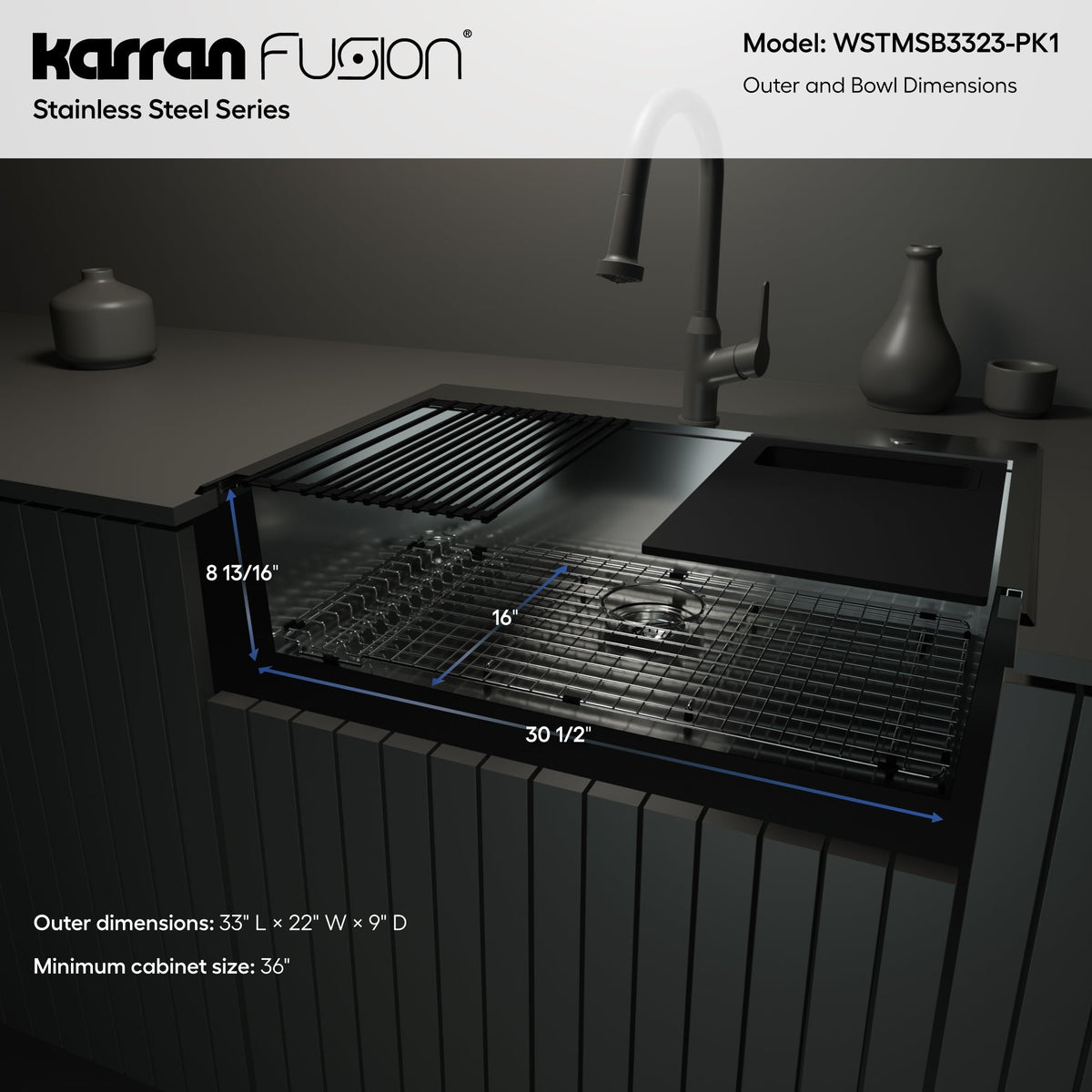 Fusion 33" Top Mount Workstation 18 Gauge Single Bowl Stainless Steel Sink with Accessories