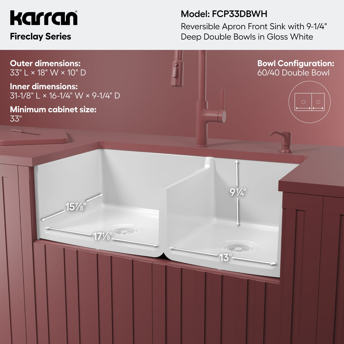 Fireclay 33" Reversible Apron Front Double Bowl Kitchen Sink In White