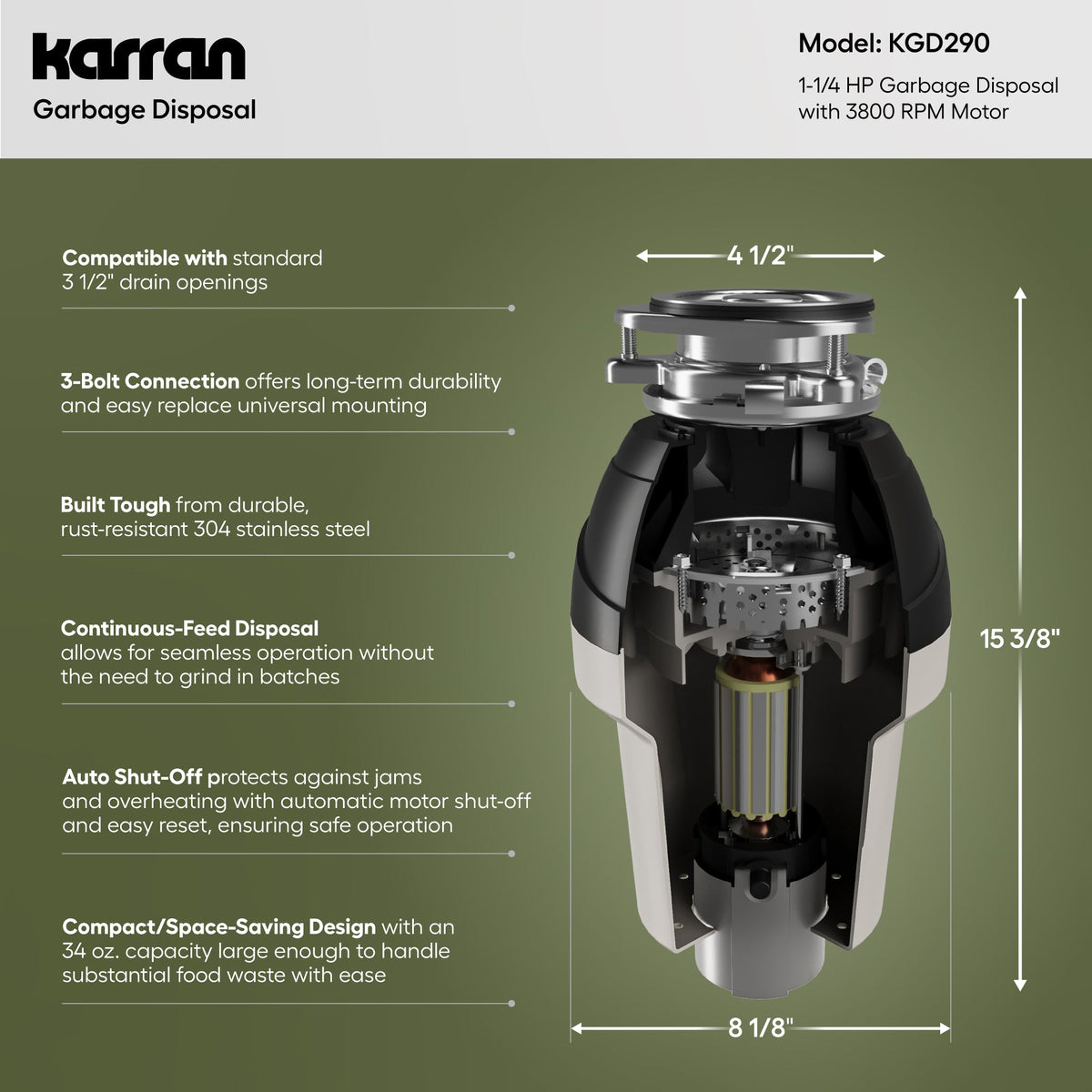 1-1/4 HP Continuous Feed Garbage Disposal for Kitchen Sinks with Power Cord and Accessories included