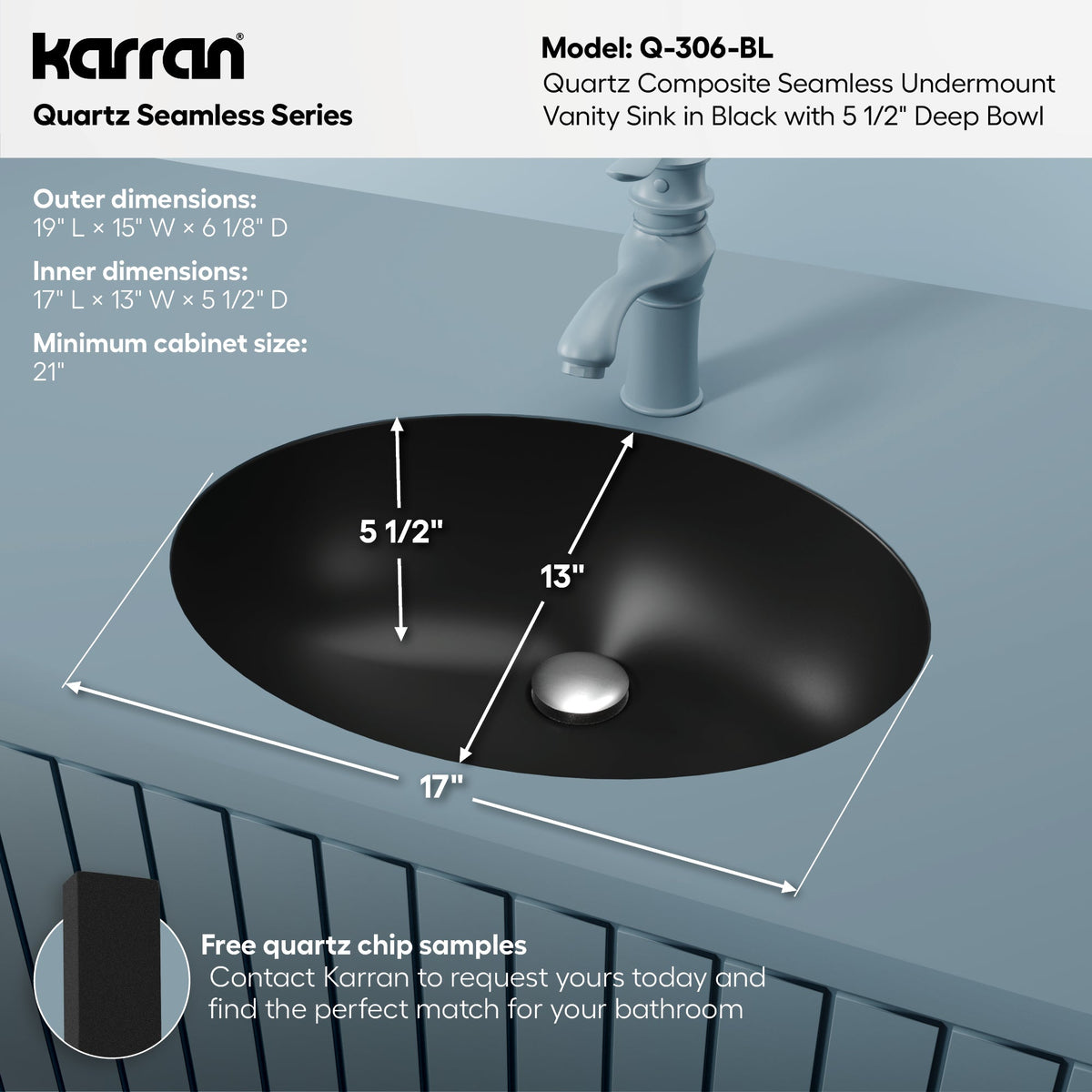 19" Seamless Undermount Quartz Composite Bathroom Sink In Black