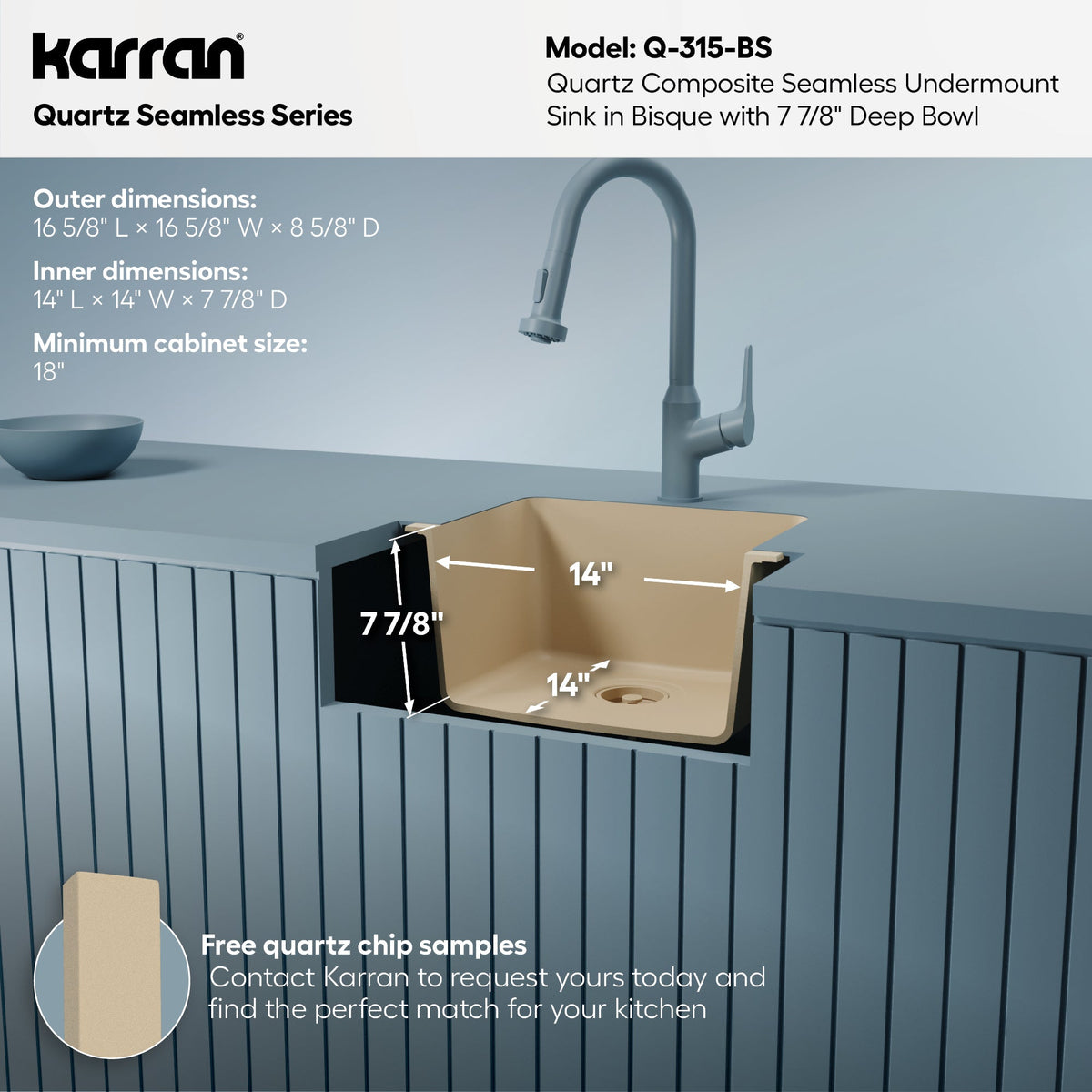 16-5/8" Seamless Undermount Quartz Composite Bar/Prep Sink In Bisque