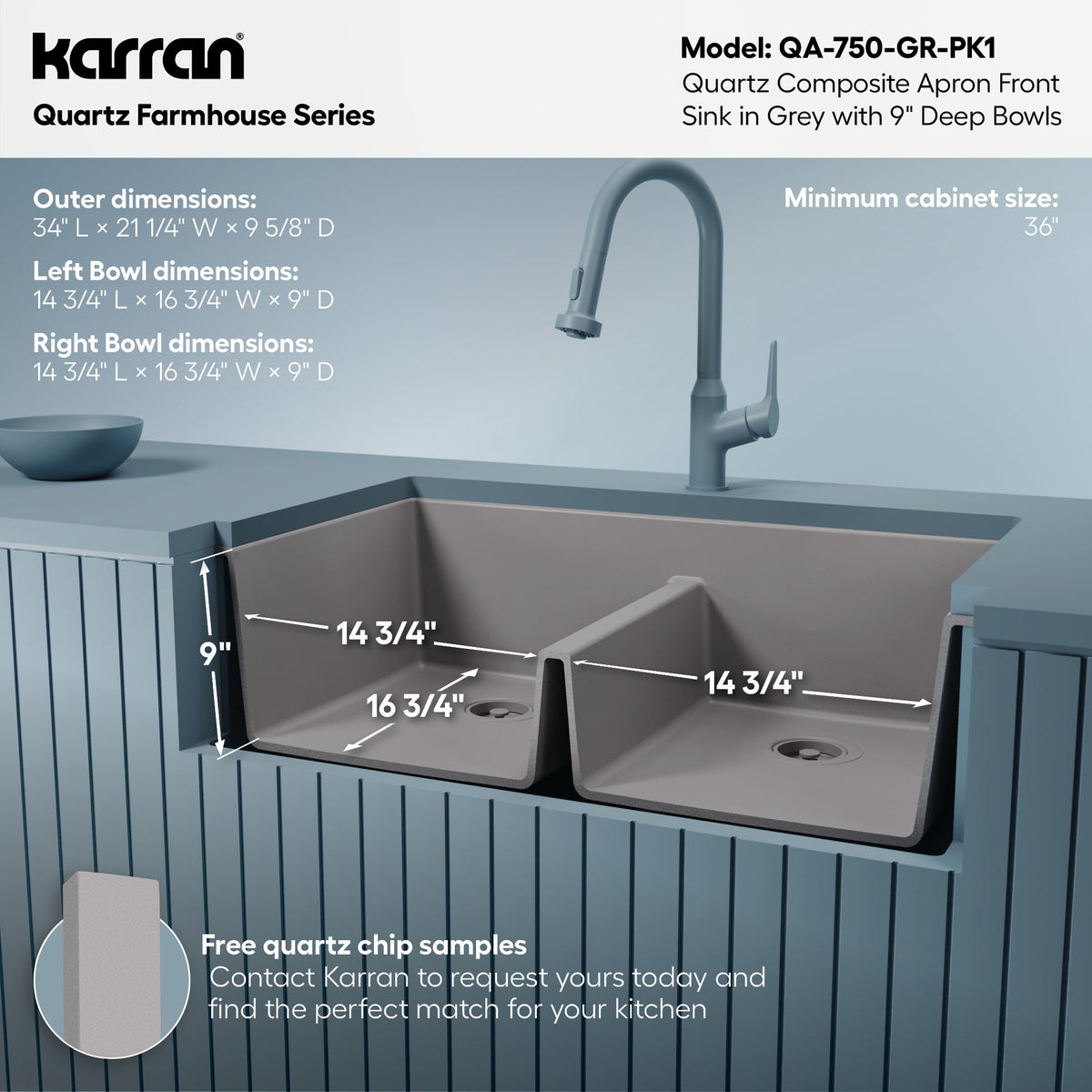 34" Farmhouse Double Equal Bowl Quartz Composite Kitchen Sink Kit In Grey